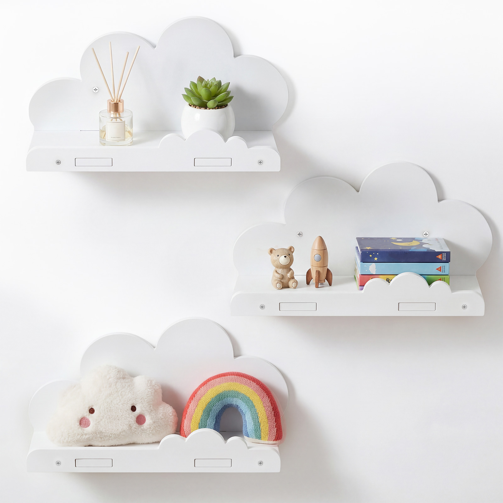 Screw Organizer Kit - 3個セット 雲型フローティングシェルフ 壁掛け収納棚 木製おもちゃ・書籍オーガナイザーラック ネジ付き リビングルーム/寝室用