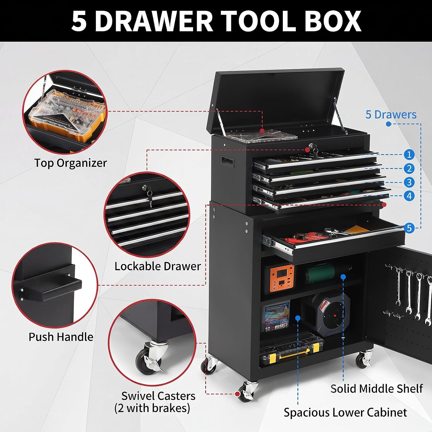 5段引き出し式ローリングツールキャビネット（ロック可能な取り - Tools Box For Workshop のレビューと価格